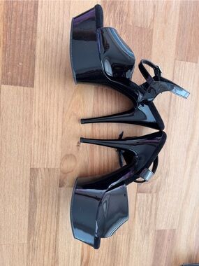 Pleaser Black Patent Peep-Toe Ankle Strap Heels